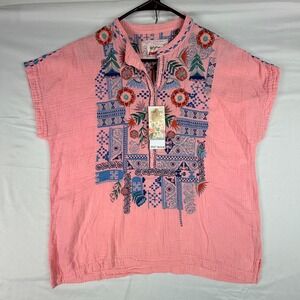Biya Johnny Was Pink Embroidered Cotton Gauze Boho Blouse Top B16022-2 Small